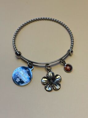 Silver-Tone Flower Charm Adjustable Bracelet with Amber Accent